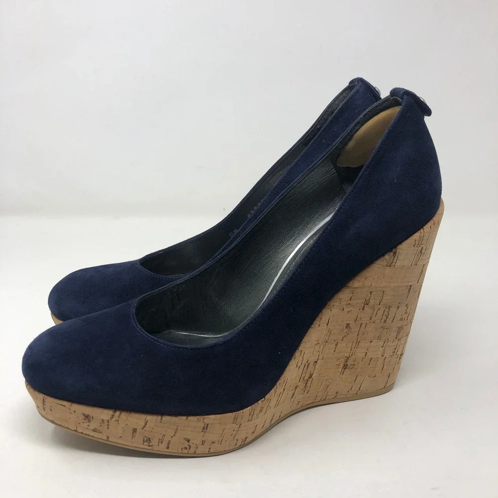 Stuart Weitzman Wedge Pumps Womens 9.5 Navy Blue Suede Cork Platform